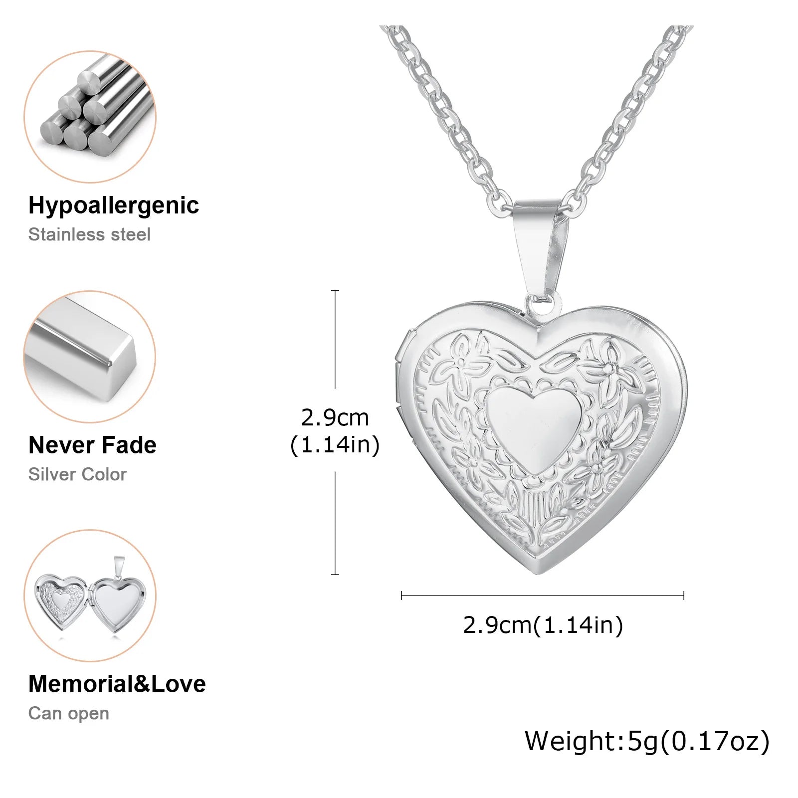 Vnox Never Fade Silver Color Stainless Steel Women Locket Pendant, Openable Heart Pendant Necklaces, Life Tree Floral Collar