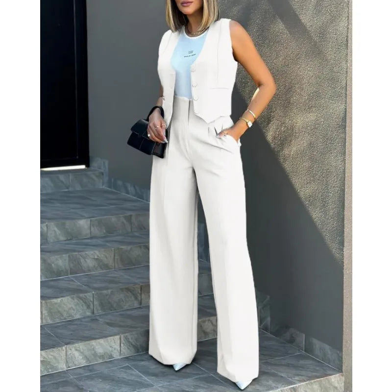 2024 Spring Summer Simple Graceful New Fashion Suit Vest Jacket Wide Leg Pants Casual Suit