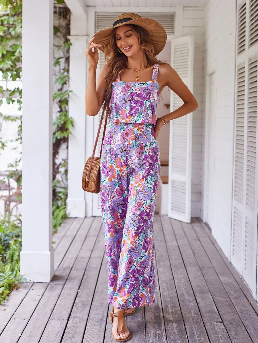 Elegant Long Jumpsuit Women Sexy Backless Wide Leg Jumpsuits Casual Sleeveless Floral Rompers Summer Clothes For Woman 2025 New