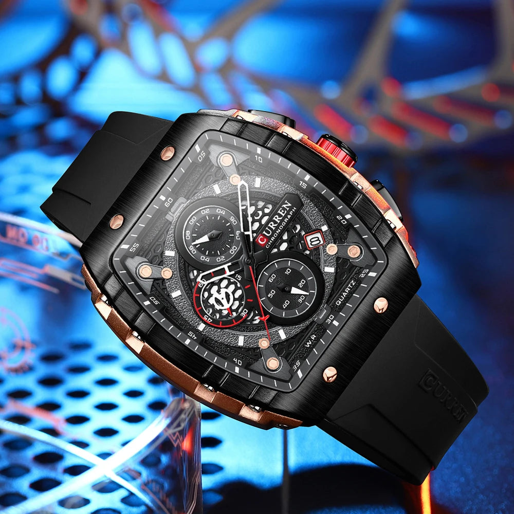 CURREN Sports Unique Rectangular Watches with Large Dial Casual Quartz Silicone Bands Wristwatches with Auto Date