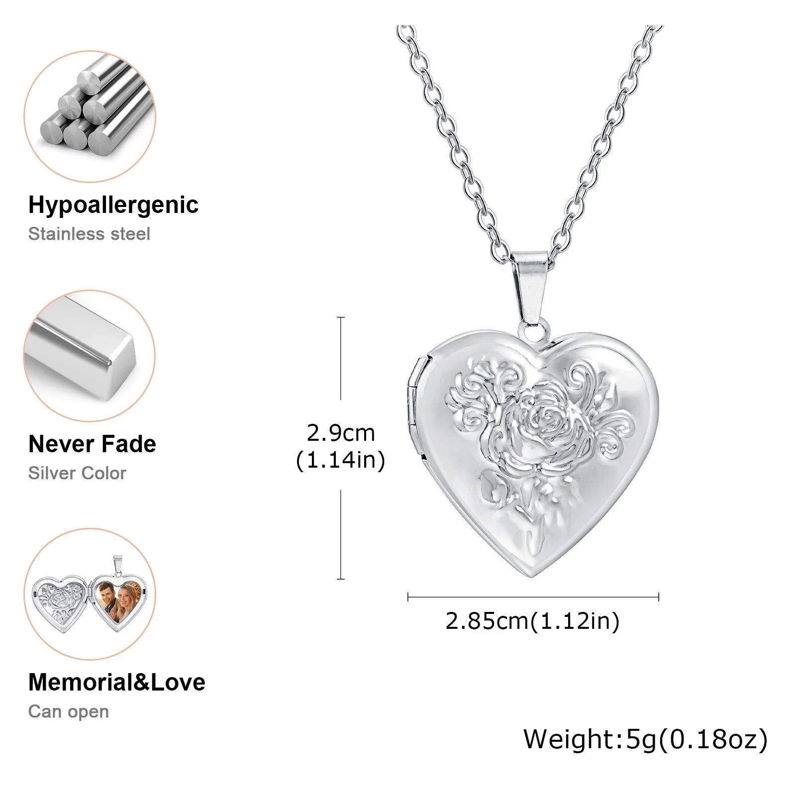 Vnox Never Fade Silver Color Stainless Steel Women Locket Pendant, Openable Heart Pendant Necklaces, Life Tree Floral Collar