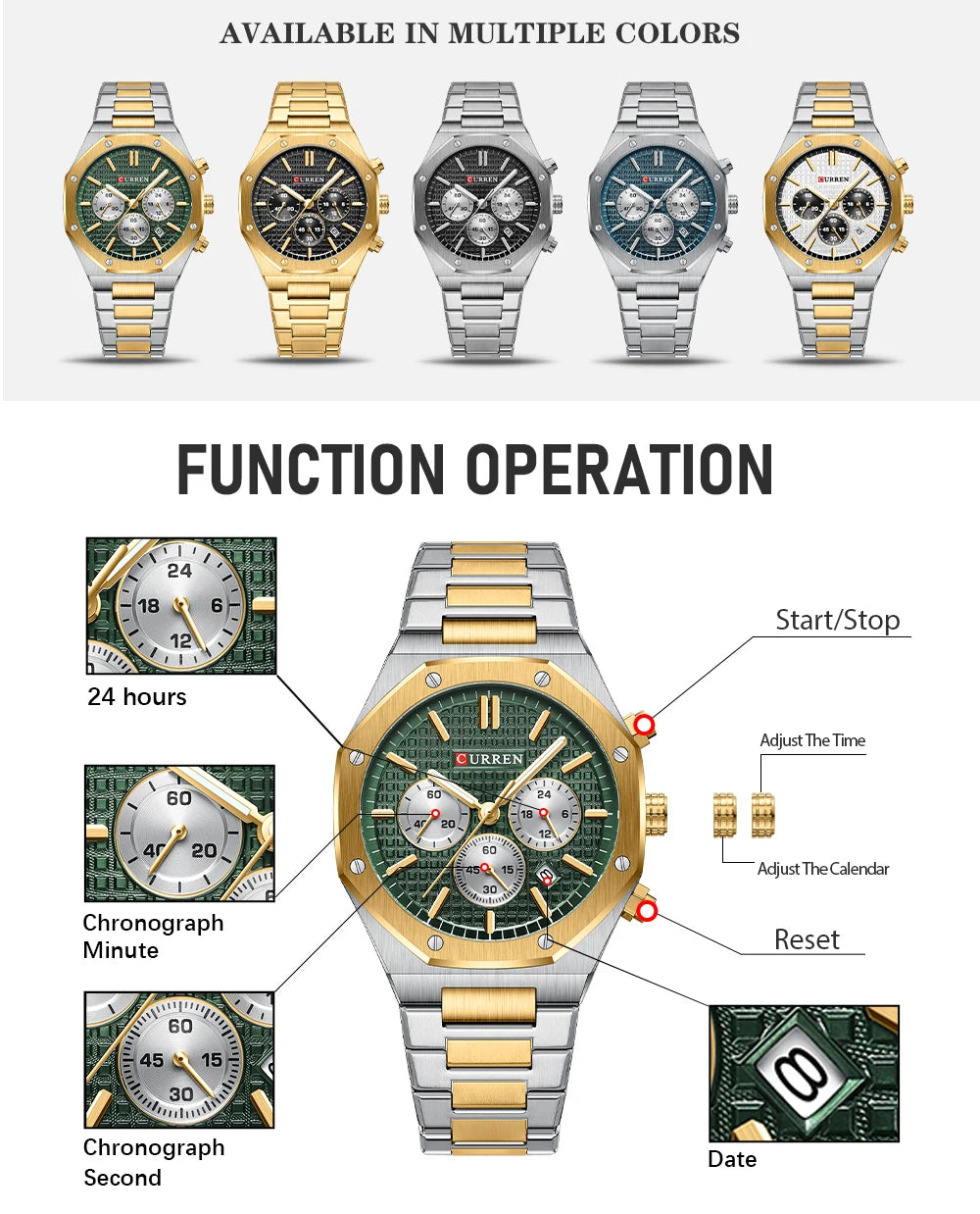 CURREN Fashion Casual Stainless Steel Band Quartz Wristwatches with Chronograph Waterproof Men's Watches