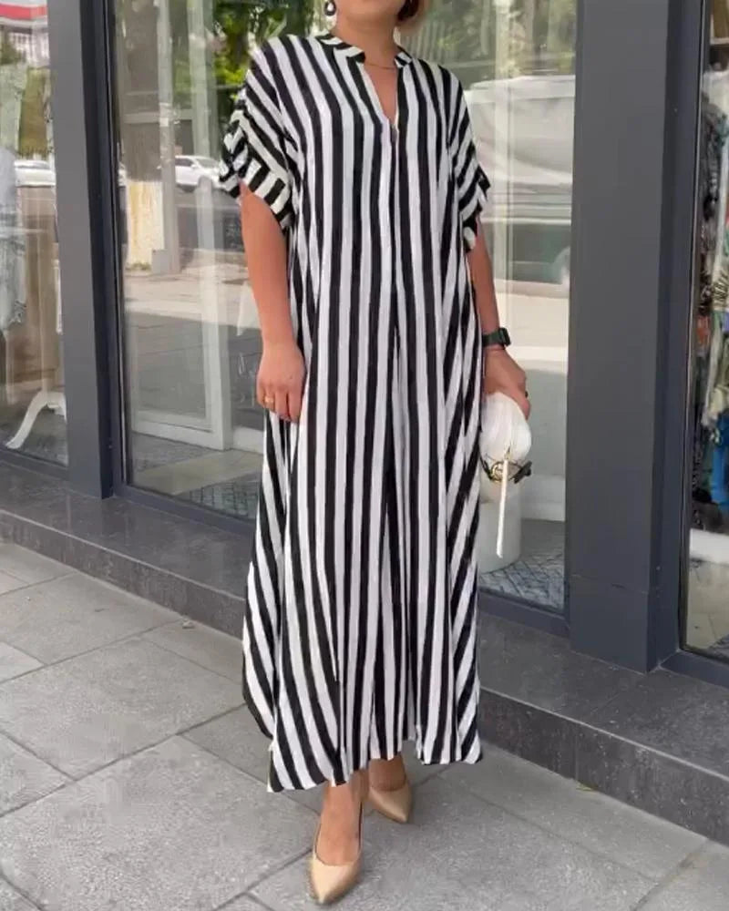 Summer Women's Striped Dress Shirt Black V-neck Loose Fashion Street Vacation Red Long Skirt