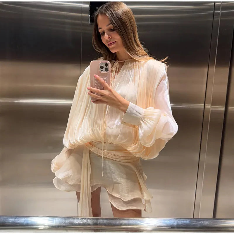 Fashion Ruffles Hem Solid Mini Dress Women Elegant O-neck Lantern Sleeve Short Dresses 2025 New High Street Vocation Vestidos