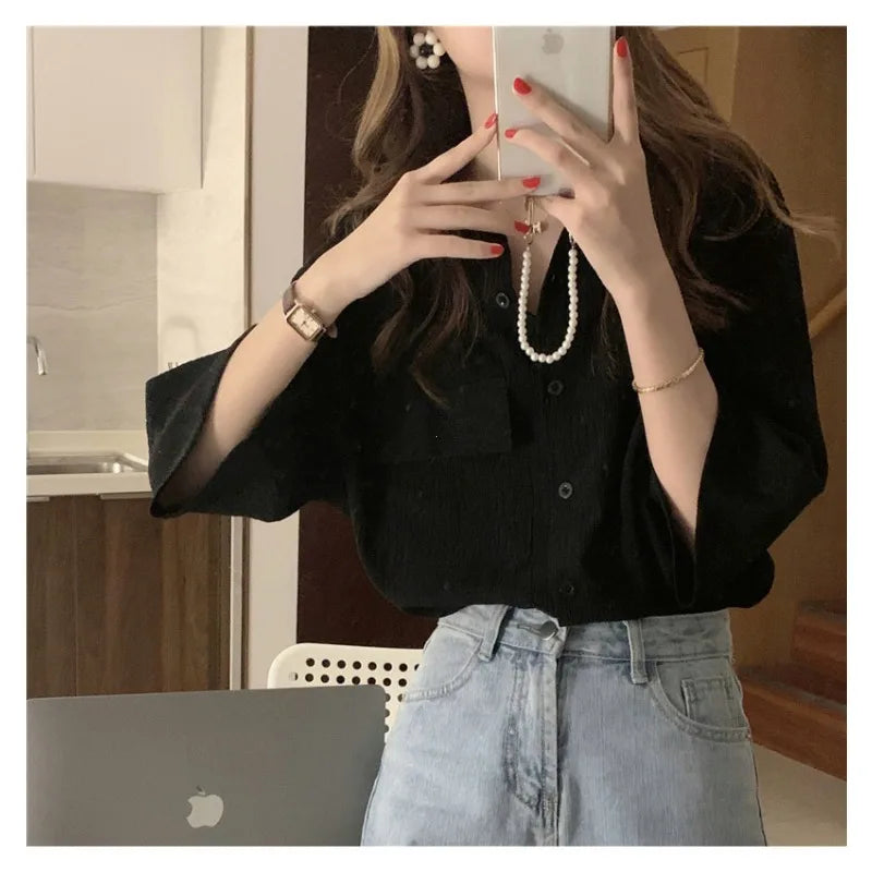 Korea One Pocket Loose Blouse Ins Summer French Sle Single-Breasted Round Neck Lace clothing Design sense fold Shirts Top