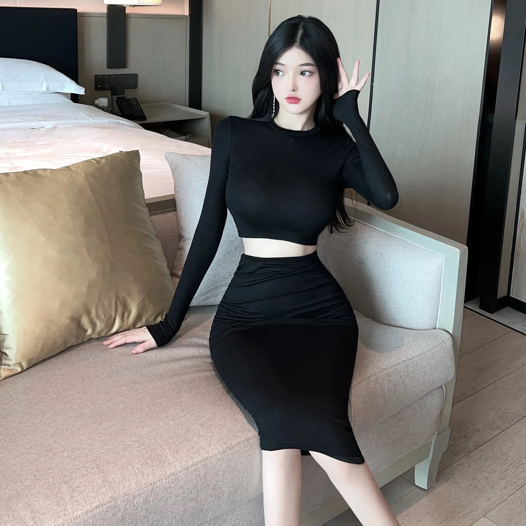 2023 Sexy Spicy Girl Bold Hollow Out Elegant Fashion Gentle Skirt Set Short Long Sleeve Top High Waist Skirt Set Female AIWB