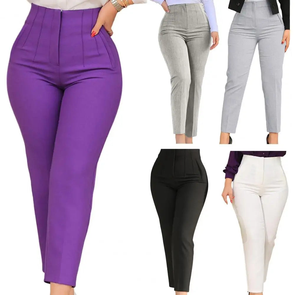 Stylish Office Pants 3D Cutting Workwear Anti-pilling Women Cropped Work Pants Solid Color Female Casual Trousers For Daily Wear