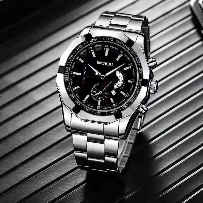 WOKAI high quality large dial men's European style waterproof luminous personality calendar watch boy business clock retro