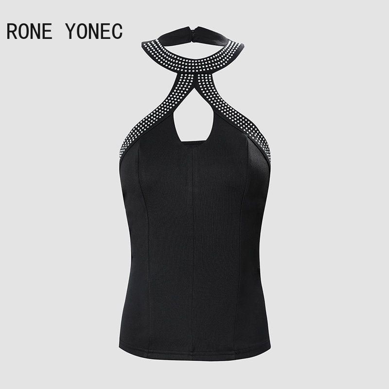 Women Chic Sexy Hollow out Halter Sleeveless Rhinestone Decoration Summer Casual Sexy Camis Crop Tops