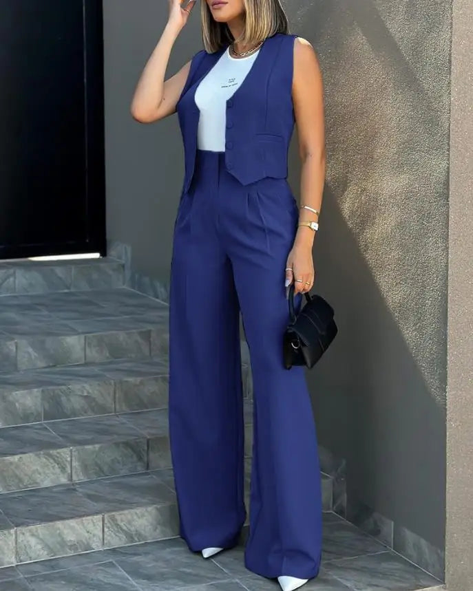 2024 Spring Summer Simple Graceful New Fashion Suit Vest Jacket Wide Leg Pants Casual Suit