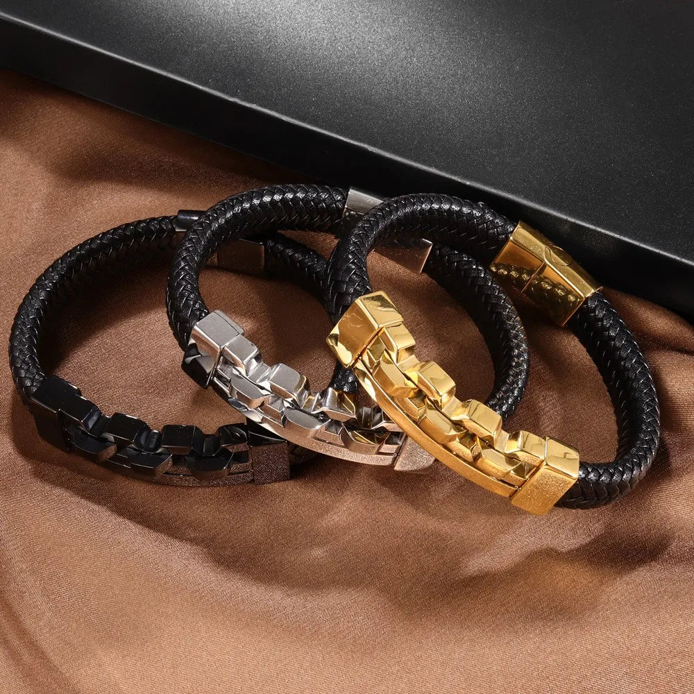 Trend Multi-Layer Leather Braided Hollow Lock Magnetic Buckle Bracelet Glamour Men's Bracelet New Fashion Jewelry Punk Accessori