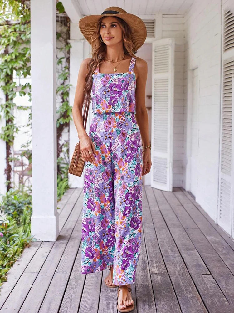 Elegant Long Jumpsuit Women Sexy Backless Wide Leg Jumpsuits Casual Sleeveless Floral Rompers Summer Clothes For Woman 2025 New
