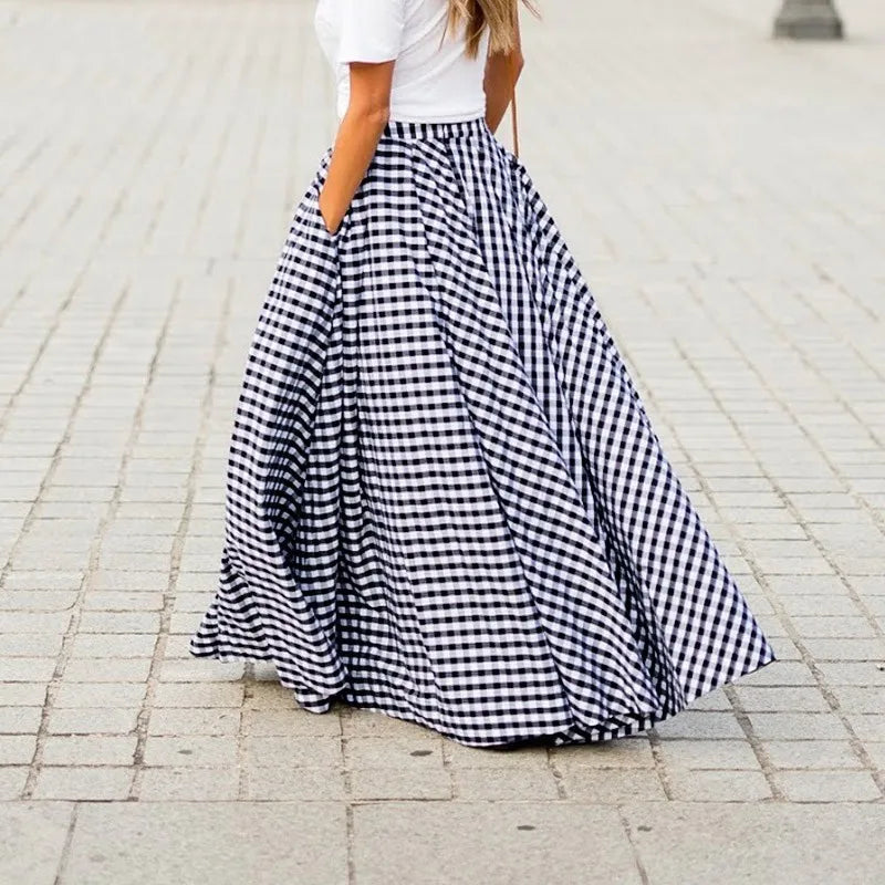 Spring/Summer Elegant and Fashion Style Checkered Medium to Long High Waist Large Swing Skirt with Drop Feeling Half Body Skirt