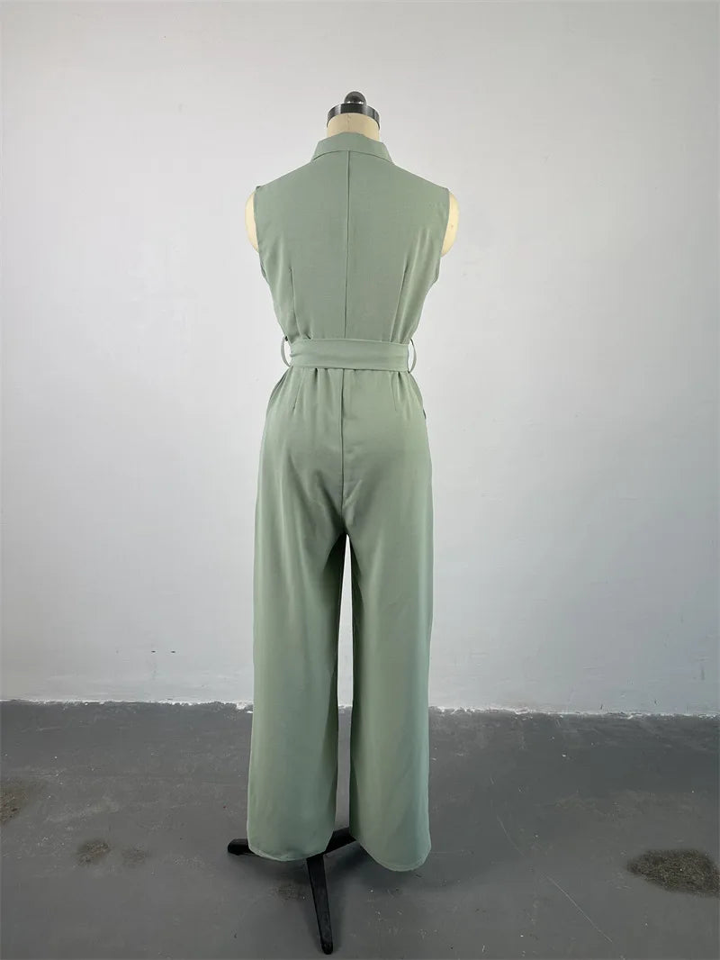 2024 Spring Summer Sleeveless Wide Leg Jumpsuit Women Turn-down Neck Pocket Front Zipper Fly Street One Piece Suit Playsuits