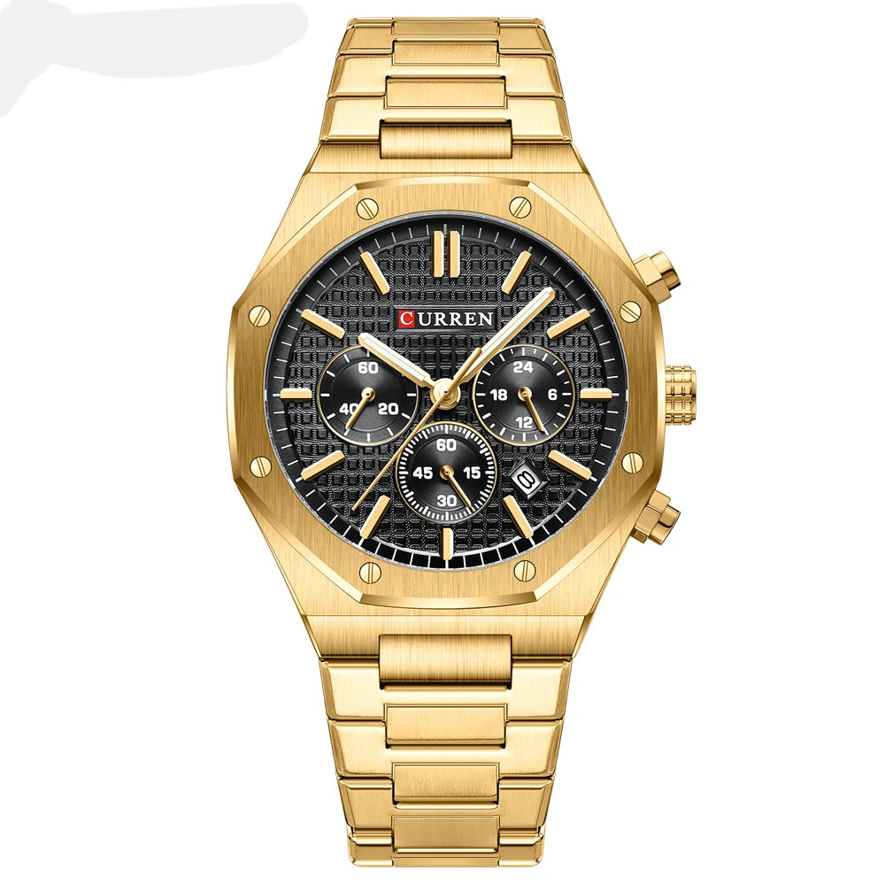 CURREN Fashion Casual Stainless Steel Band Quartz Wristwatches with Chronograph Waterproof Men's Watches