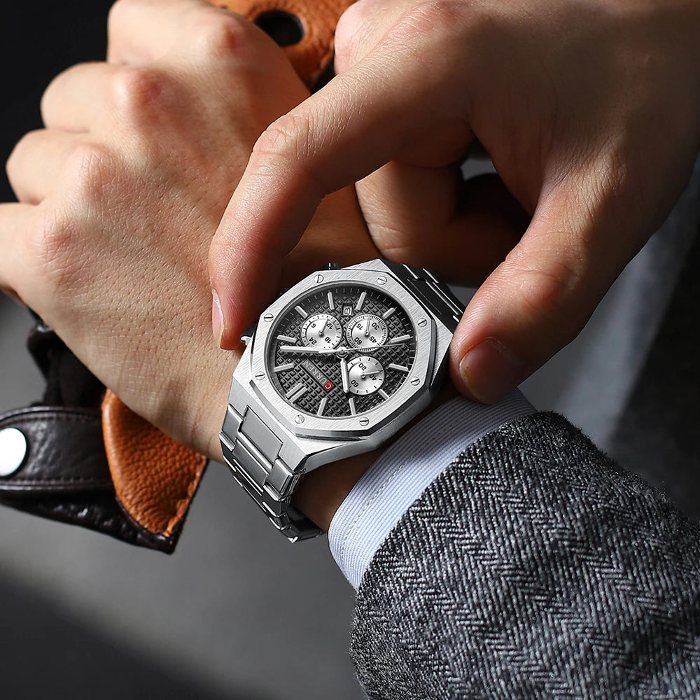 CURREN Fashion Casual Stainless Steel Band Quartz Wristwatches with Chronograph Waterproof Men's Watches