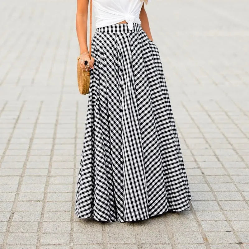 Spring/Summer Elegant and Fashion Style Checkered Medium to Long High Waist Large Swing Skirt with Drop Feeling Half Body Skirt