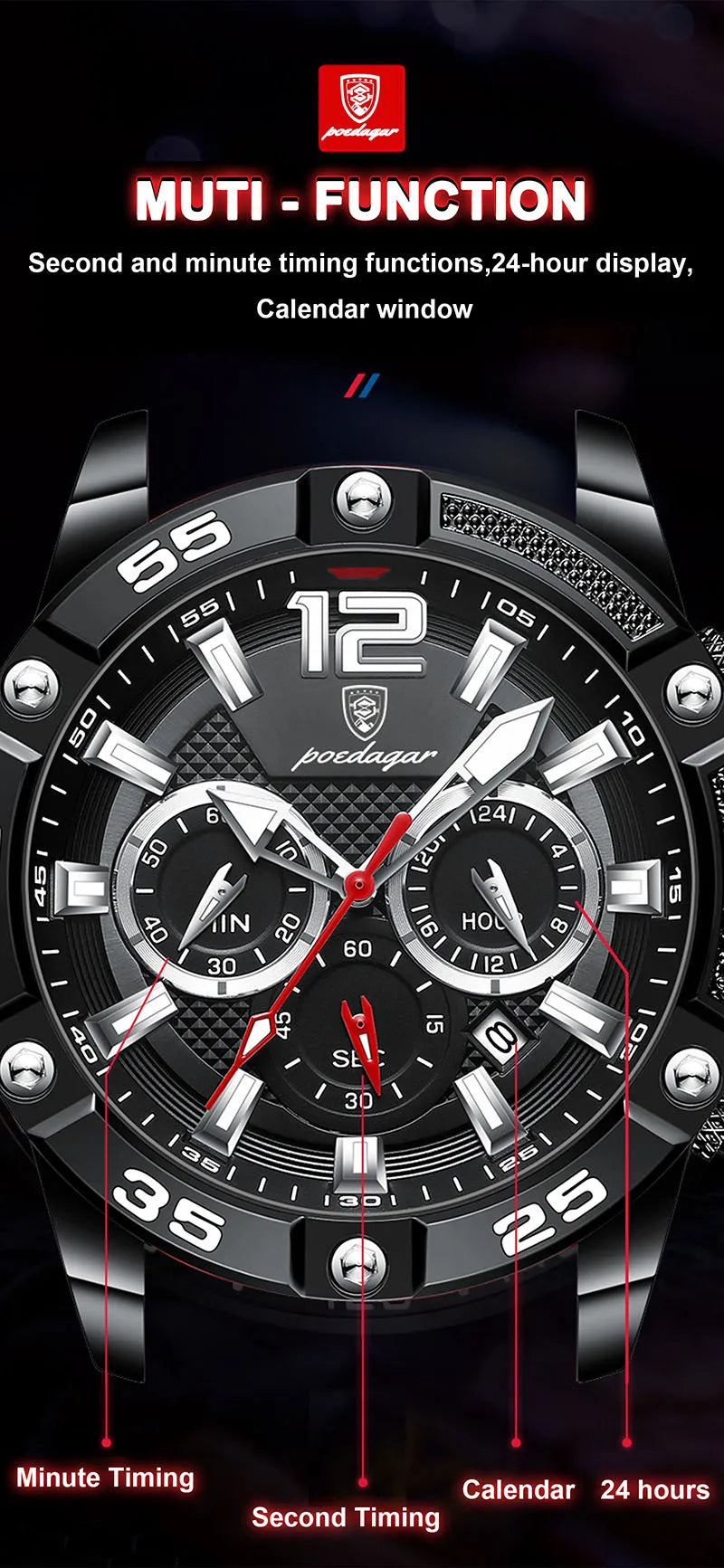 POEDAGAR Silicone Strap Sport Men's Watch Luxury Stopwatch Waterproof Military Wristwatches For Men Brand Luminous Clock Newest