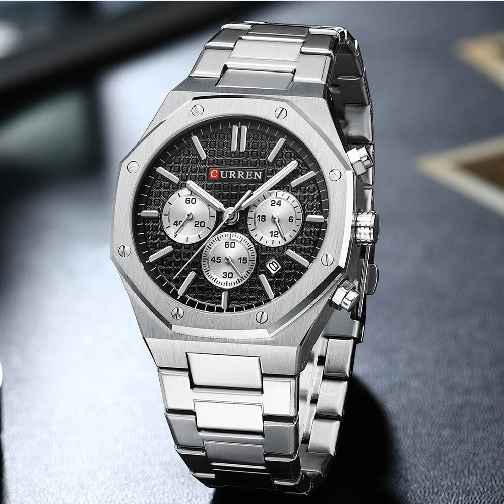 CURREN Fashion Casual Stainless Steel Band Quartz Wristwatches with Chronograph Waterproof Men's Watches