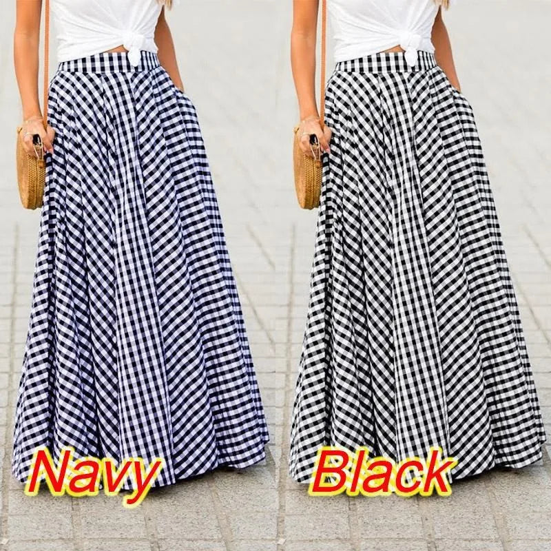 Spring/Summer Elegant and Fashion Style Checkered Medium to Long High Waist Large Swing Skirt with Drop Feeling Half Body Skirt