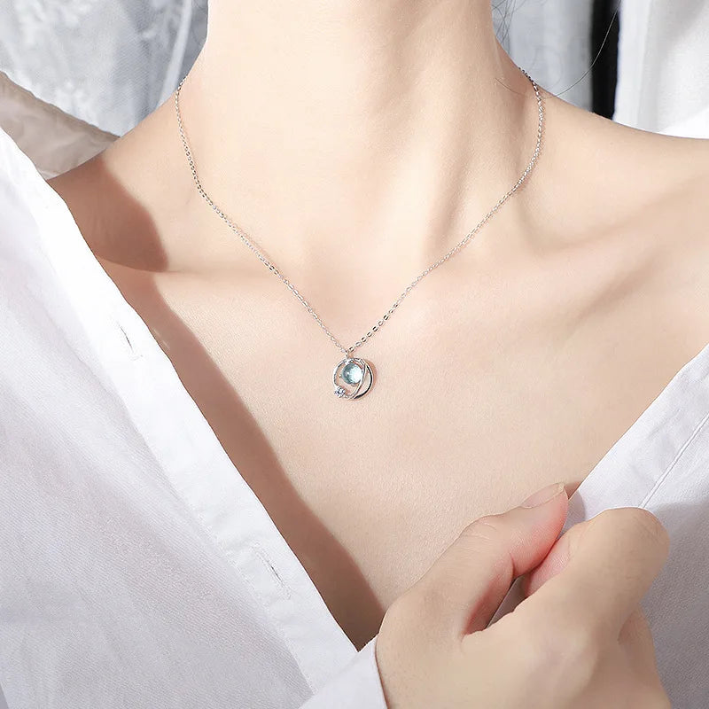 Blue Planet Meteor Shower Key Pendant Necklace Tiny Silver Color Clavicle Chain Collar for Women Friendship Jewelry