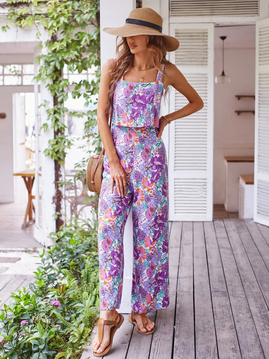 Elegant Long Jumpsuit Women Sexy Backless Wide Leg Jumpsuits Casual Sleeveless Floral Rompers Summer Clothes For Woman 2025 New