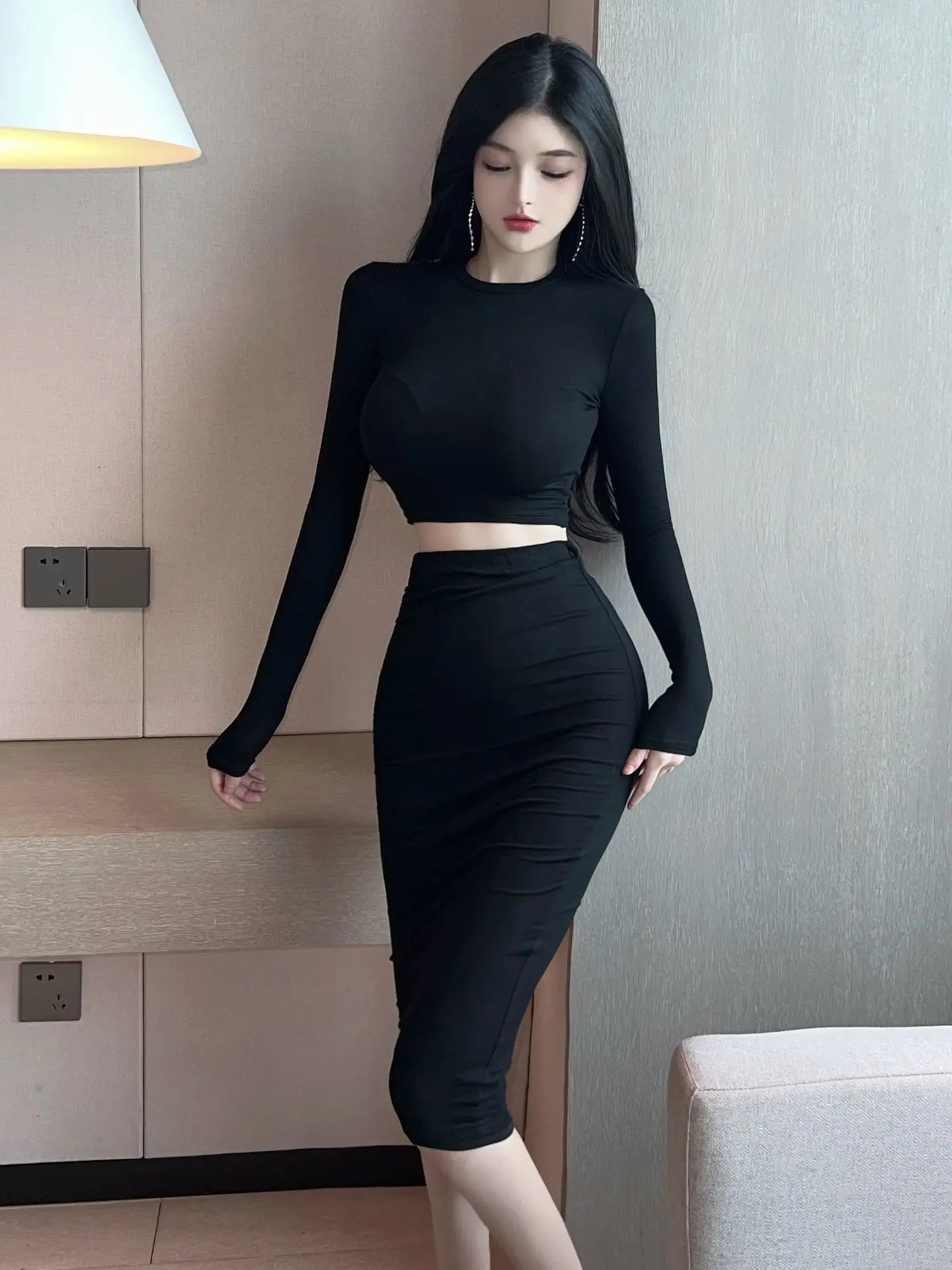 2023 Sexy Spicy Girl Bold Hollow Out Elegant Fashion Gentle Skirt Set Short Long Sleeve Top High Waist Skirt Set Female AIWB