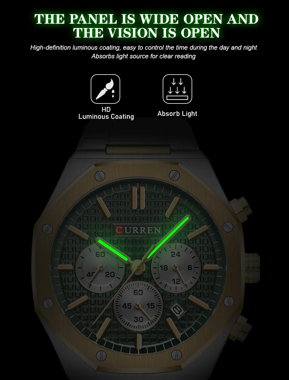 CURREN Fashion Casual Stainless Steel Band Quartz Wristwatches with Chronograph Waterproof Men's Watches