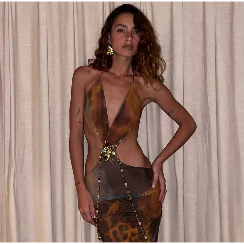 Sexy Printed V-neck Hollow Out Maxi Dress Women Fashion Backless Sleeveless High Waist Vestidos Summer Lady Party Dresses