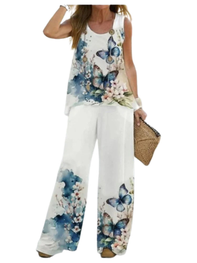 Casual High Street Fashion T-Shirt Straight Leg Pants Suit Women's Printed Sleeveless Vest Loose Pants Simple Summer Set Clothes