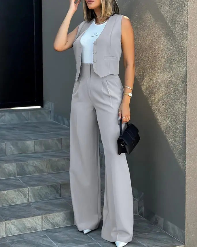 2024 Spring Summer Simple Graceful New Fashion Suit Vest Jacket Wide Leg Pants Casual Suit