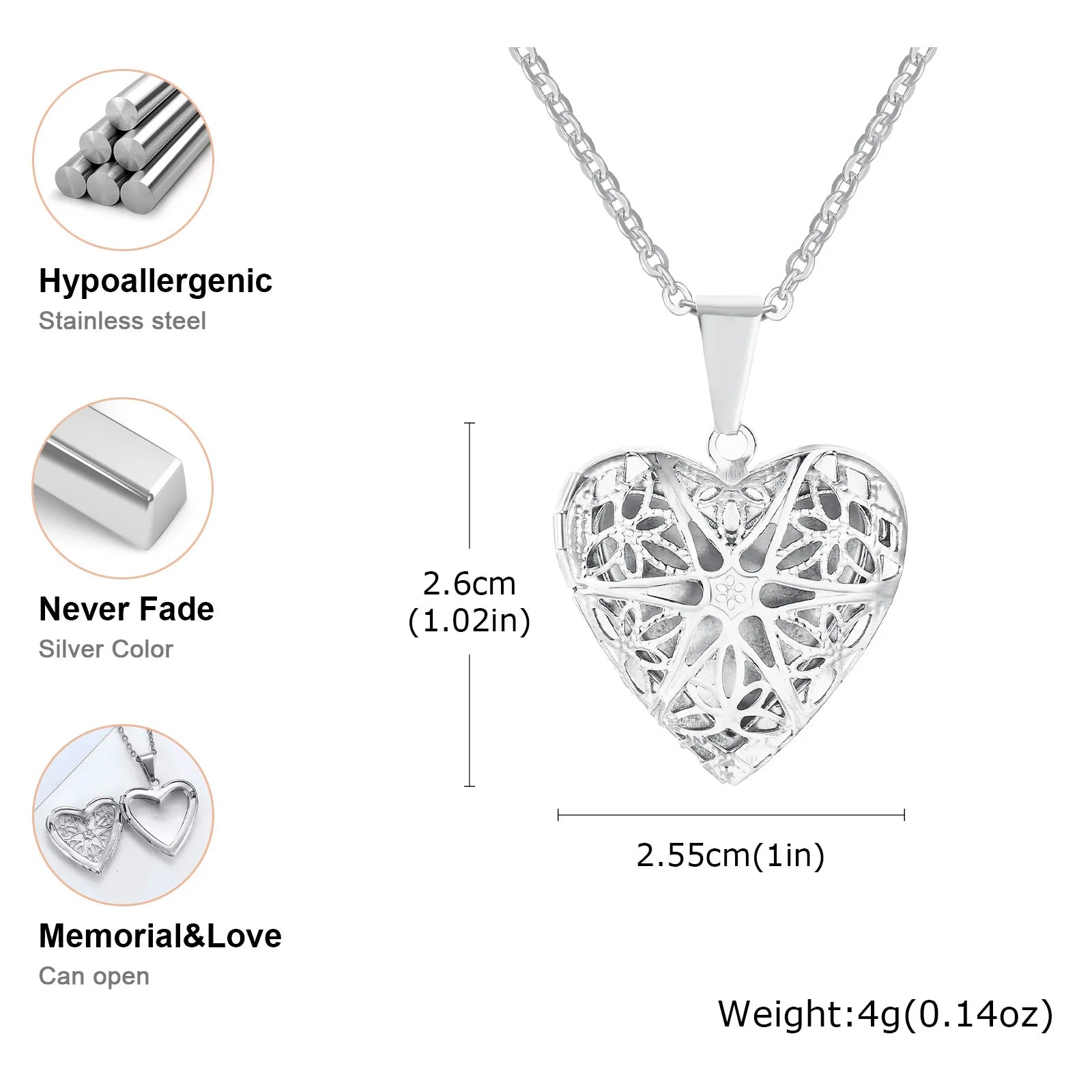 Vnox Never Fade Silver Color Stainless Steel Women Locket Pendant, Openable Heart Pendant Necklaces, Life Tree Floral Collar