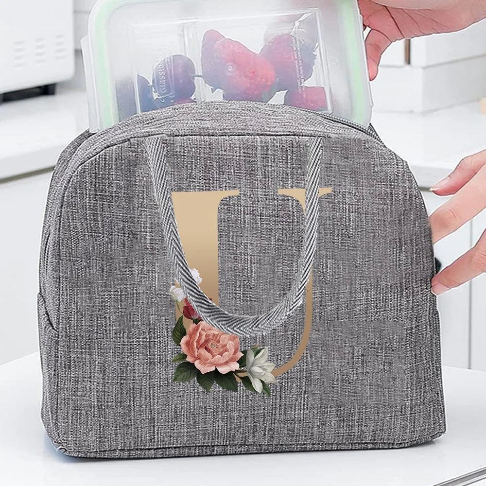 Thermal Food Picnic Lunch Box Insulated School Child Tote Lunch Bags for Work Cute Gold Letter Pattern Cooler Bag for Women