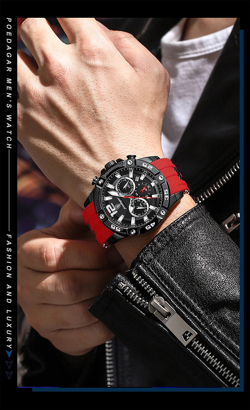 POEDAGAR Silicone Strap Sport Men's Watch Luxury Stopwatch Waterproof Military Wristwatches For Men Brand Luminous Clock Newest