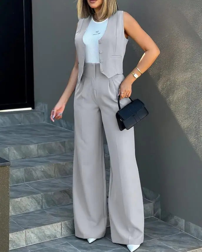 2024 Spring Summer Simple Graceful New Fashion Suit Vest Jacket Wide Leg Pants Casual Suit