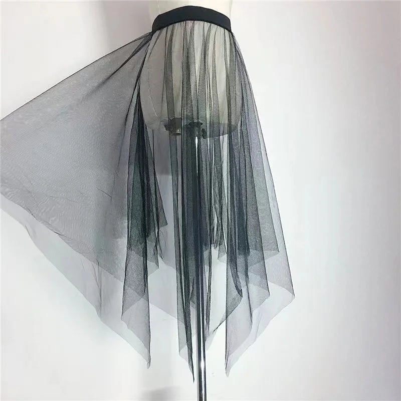 Black White Long Tulle Lace Mesh Skirt Women Petticoat Underskirt Summer Korean Irregular Cover Up Skirt Tutu Skirt For Girl