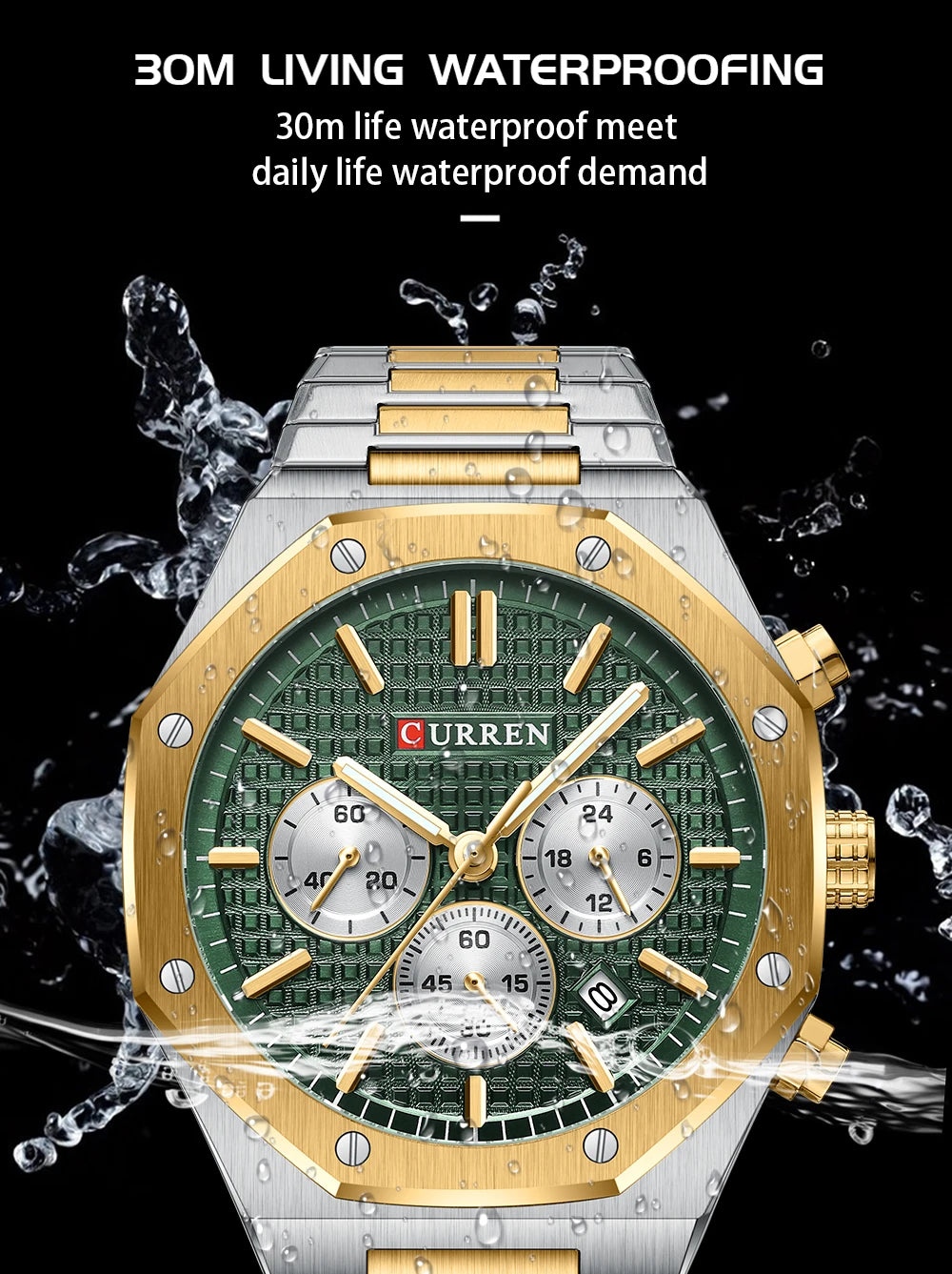 CURREN Fashion Casual Stainless Steel Band Quartz Wristwatches with Chronograph Waterproof Men's Watches