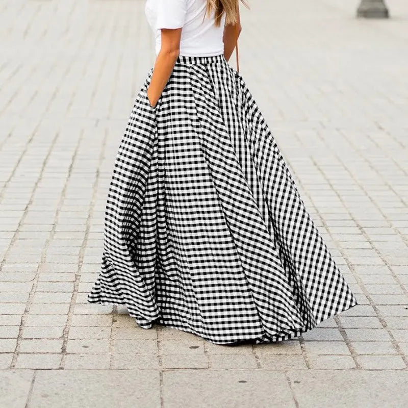 Spring/Summer Elegant and Fashion Style Checkered Medium to Long High Waist Large Swing Skirt with Drop Feeling Half Body Skirt