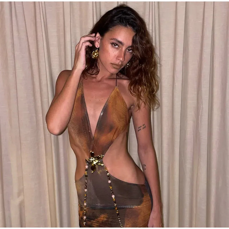 Sexy Printed V-neck Hollow Out Maxi Dress Women Fashion Backless Sleeveless High Waist Vestidos Summer Lady Party Dresses