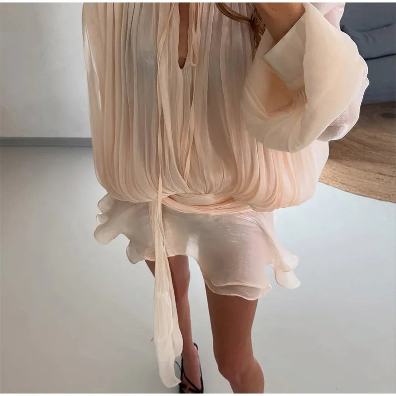 Fashion Ruffles Hem Solid Mini Dress Women Elegant O-neck Lantern Sleeve Short Dresses 2025 New High Street Vocation Vestidos
