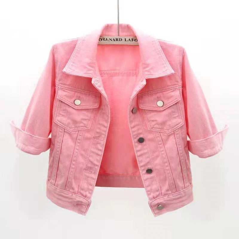 2024 New Women Spring Autumn Denim Jacket Tops Pink Color Solid Short Multicolor Feminino Three Quarter Sleeve Jean Jacket