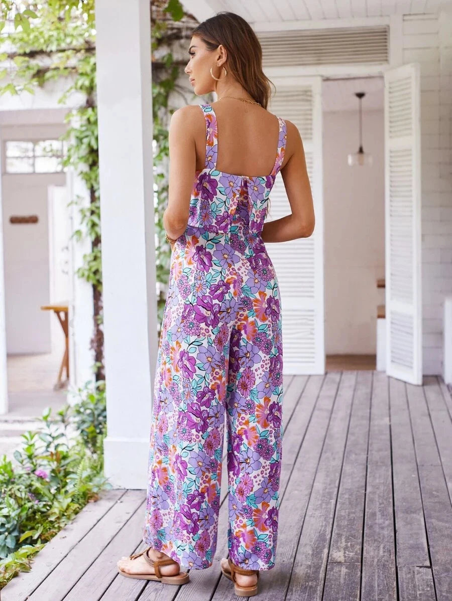 Elegant Long Jumpsuit Women Sexy Backless Wide Leg Jumpsuits Casual Sleeveless Floral Rompers Summer Clothes For Woman 2025 New