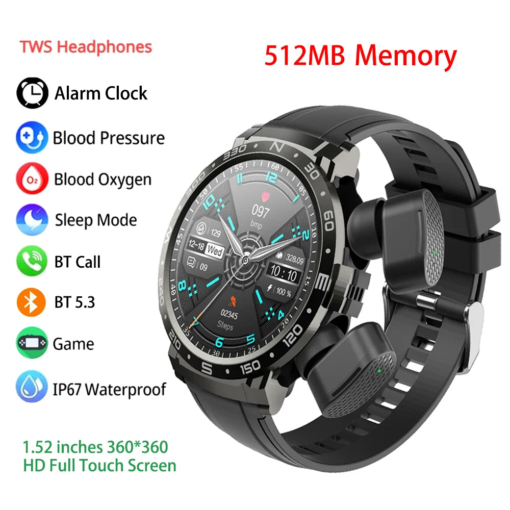 2 In 1 TWS Earphones Smart Watch Waterproof Wireless Bluetooth Dual Headset Call Health Blood Pressure Sports Music Smartwatch