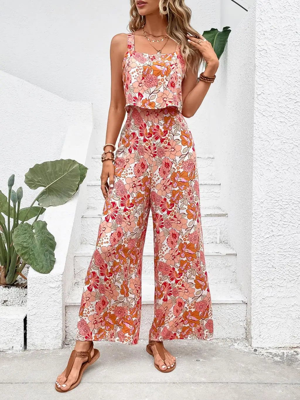 Elegant Long Jumpsuit Women Sexy Backless Wide Leg Jumpsuits Casual Sleeveless Floral Rompers Summer Clothes For Woman 2025 New