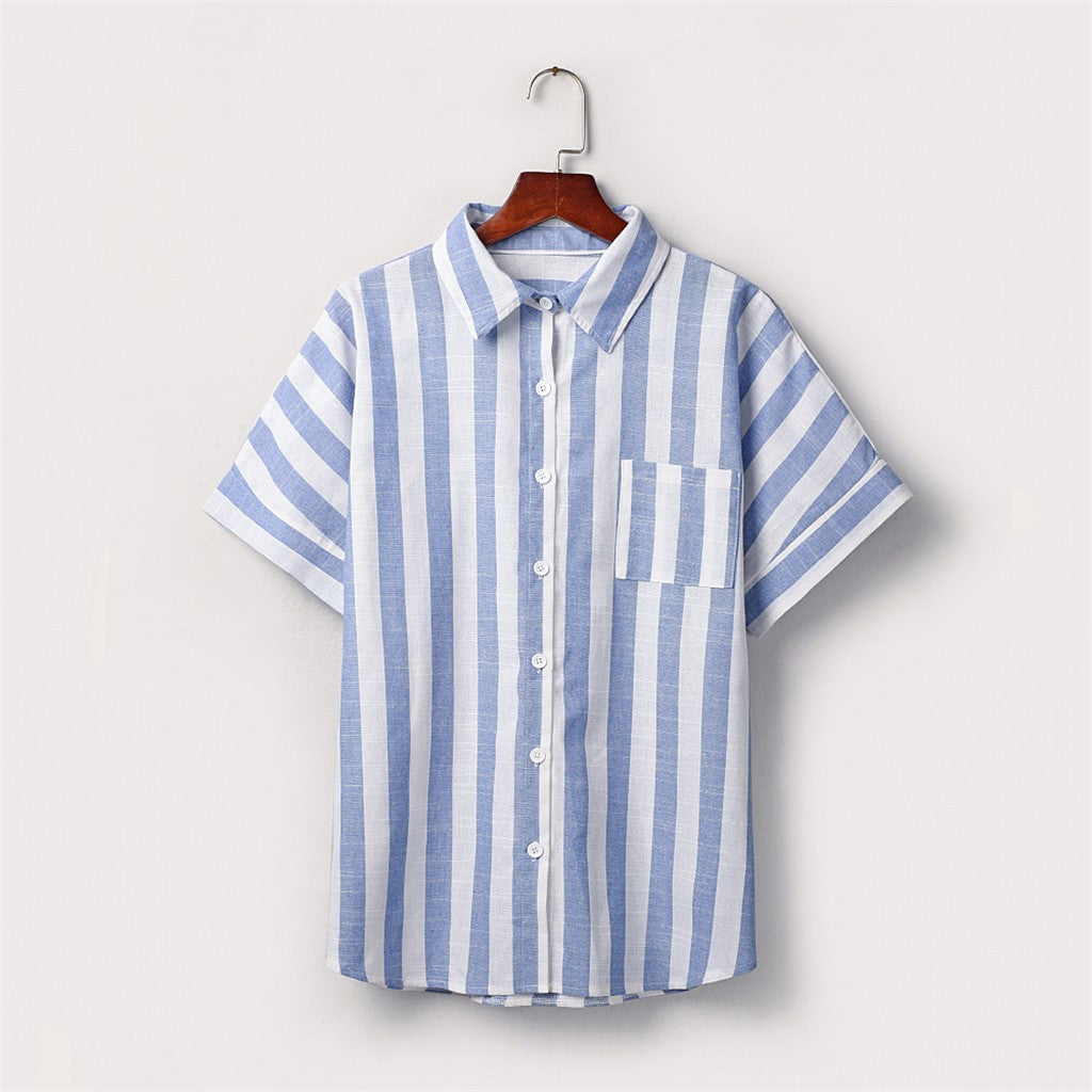 Women Striped Print Cotton Linen Tops Summer Turn Down Collar Long Sleeve Button OL Blouse Shirts 2023 Summer Button Cardigan