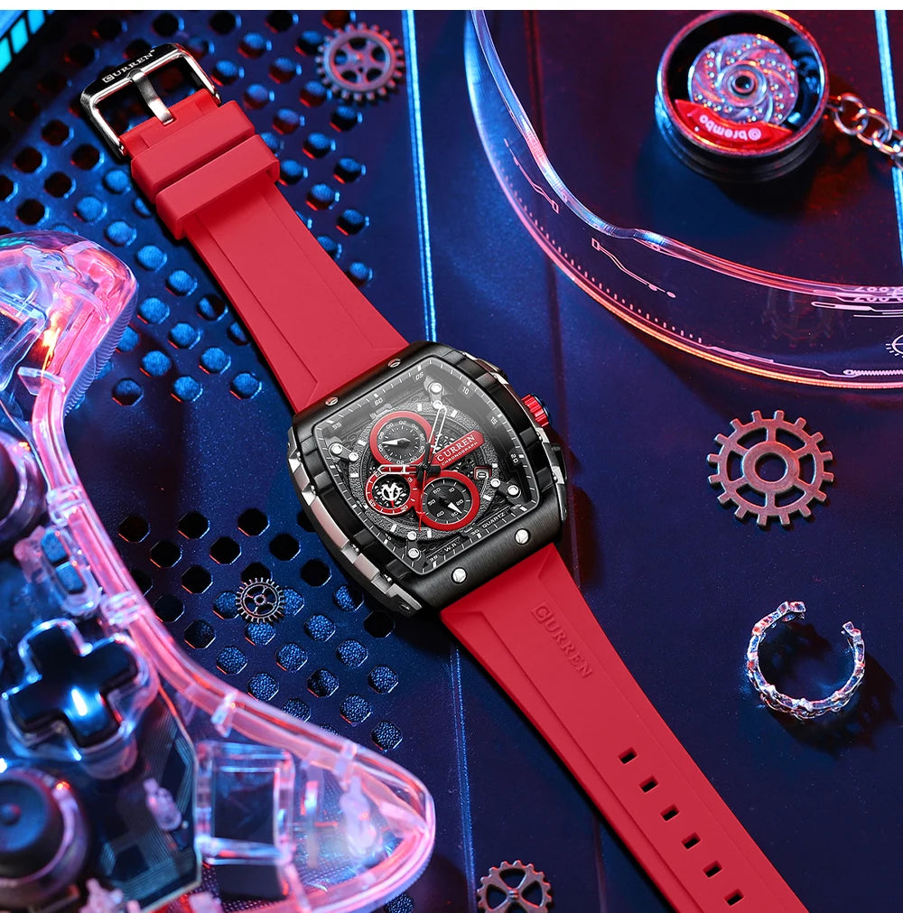 CURREN Sports Unique Rectangular Watches with Large Dial Casual Quartz Silicone Bands Wristwatches with Auto Date