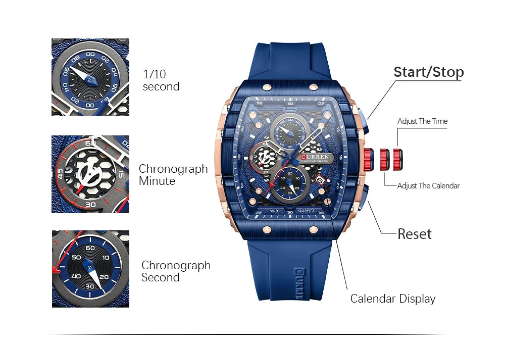 CURREN Sports Unique Rectangular Watches with Large Dial Casual Quartz Silicone Bands Wristwatches with Auto Date