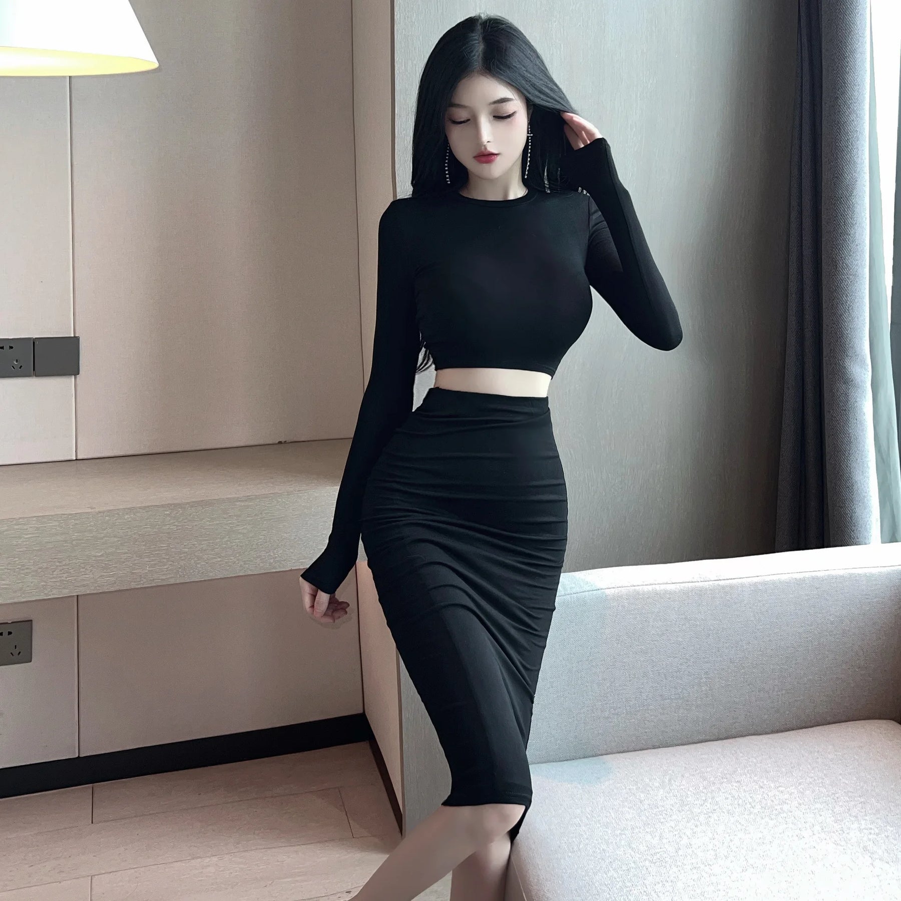2023 Sexy Spicy Girl Bold Hollow Out Elegant Fashion Gentle Skirt Set Short Long Sleeve Top High Waist Skirt Set Female AIWB