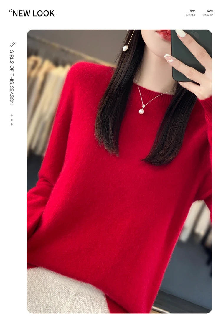 100% pure wool cashmere sweater women's O-neck pullover casual knit top autumn and winter women's coat Korean fashion