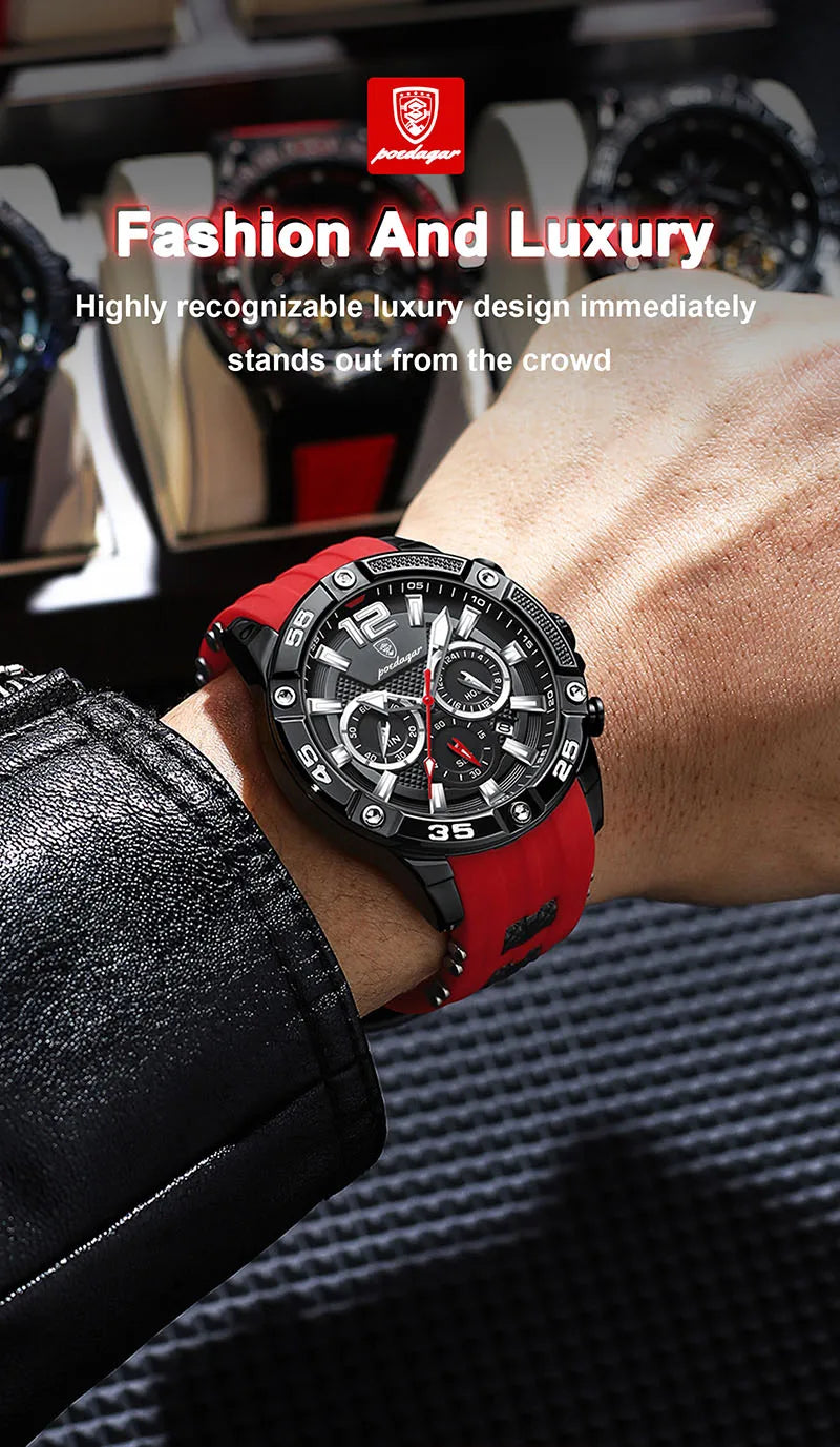 POEDAGAR Silicone Strap Sport Men's Watch Luxury Stopwatch Waterproof Military Wristwatches For Men Brand Luminous Clock Newest